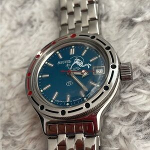 Vostok Amphibia Scuba Dude Automatic Blue and Silver Watch with Date